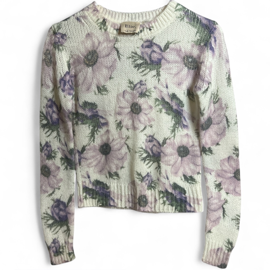 Elie Tahari Floral Knit Sweater - Cream And Purple Size Xs
